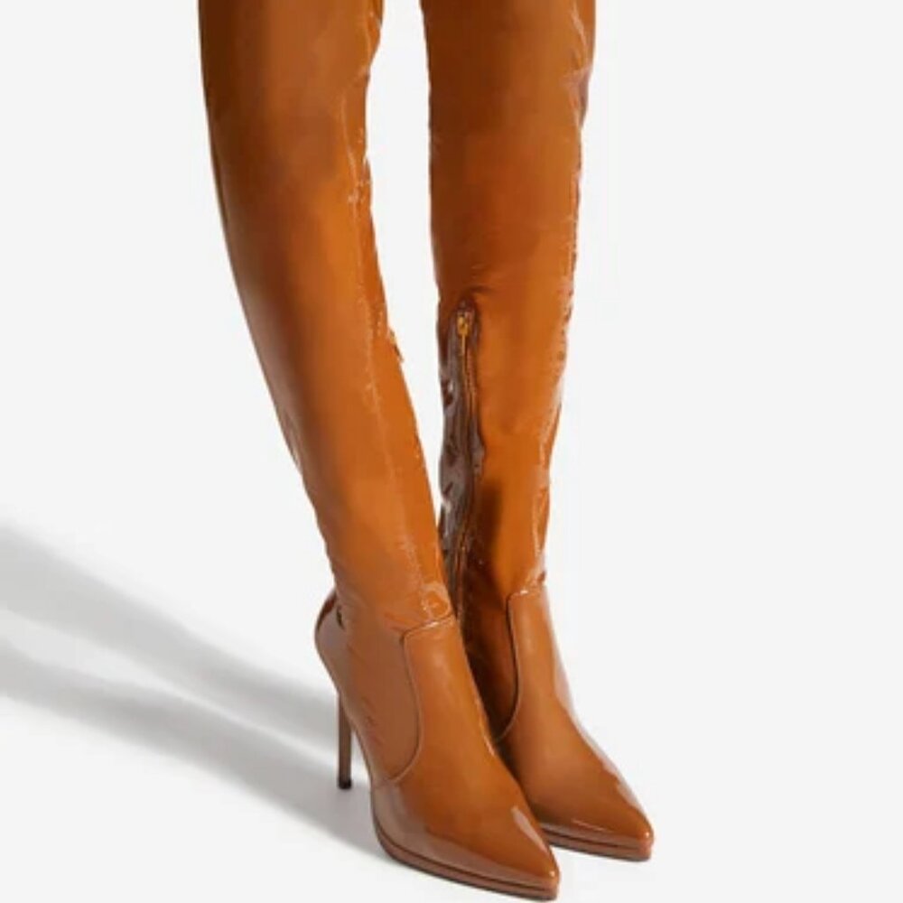 ShoeDazzle Size 9 Camel Faux Leather Stiletto Boots